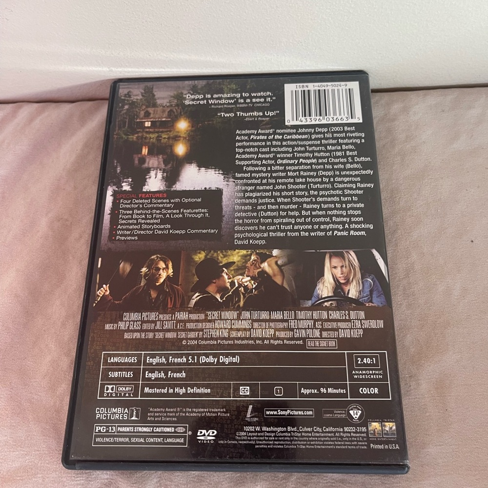 ⭐️ Secret Window DVD 2004 Layout Columbia Johnny Depp Home Video Movie Film - Picture 3 of 4